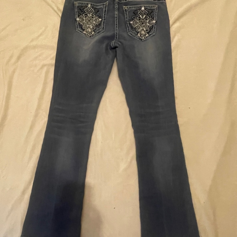 Soundgirl Blue Flare Wide Leg Jeans with Rhinestone Details
